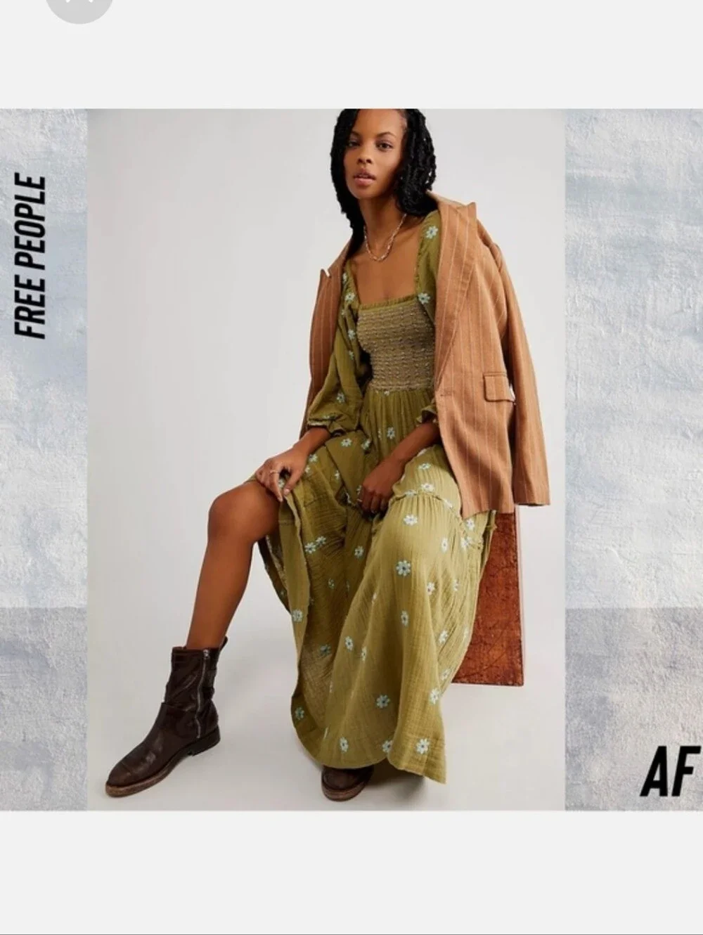 Free People Dahlia Olive Floral Smocked Maxi Dress